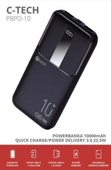 Obrázek C-TECH Powerbanka 10000mAh, Li-Pol, 22,5W, USB-C/USB-A/micro USB