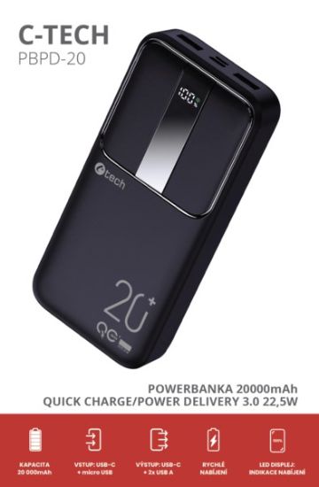 Obrázek C-TECH Powerbanka 20000mAh, Li-Pol, 22,5W, USB-C/USB-A/micro USB