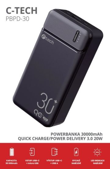 Obrázek C- TECH Powerbanka 30000mAh, Li- Pol, 20 W, USB- C/ USB- A/ micro USB