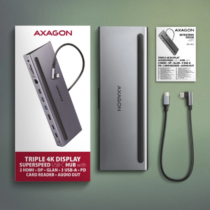 Obrázek AXAGON HMC-4KX3 USB 5Gbps hub, 3x USB-A, 2x HDMI, DP, RJ-45 GLAN, SD/microSD