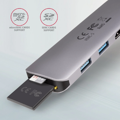 Obrázek AXAGON HMC-5, USB 3.2 Gen 1 hub, porty 2x USB-A, HDMI, SD/microSD slot, PD 100W