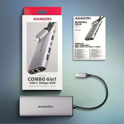 Obrázek AXAGON HMC-6G2L, USB 10Gb/s hub, 2x USB-A, 1x USB-C, HDMI 4k/60, RJ-45, PD 100W