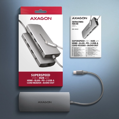 Obrázek AXAGON HMC-8HLSA, USB 5Gbps hub, 3x USB-A, HDMI 4k/60Hz, RJ-45 GLAN, SD/microSD