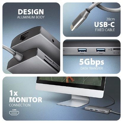 Obrázek AXAGON HMC-8HLSA, USB 5Gbps hub, 3x USB-A, HDMI 4k/60Hz, RJ-45 GLAN, SD/microSD