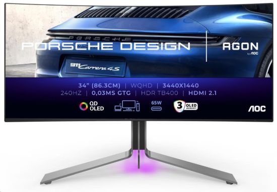 Obrázek AOC MT OLED LCD WLED 34" PD34 - OLED panel, 3440x1440, 240Hz, 0,03ms, 2xHDMI, DP, USB-C, USB 3.2, repro, zakriven