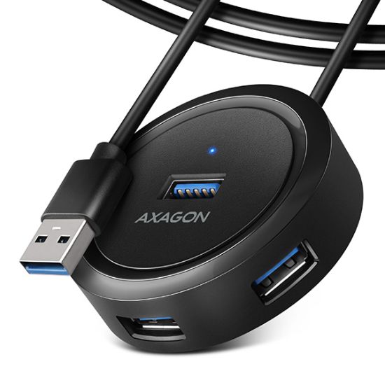 Obrázek AXAGON HUE- P1AL, 4x USB 3.2 Gen 1 ROUND hub, micro USB napájecí konektor, kabel USB- A 1.2m