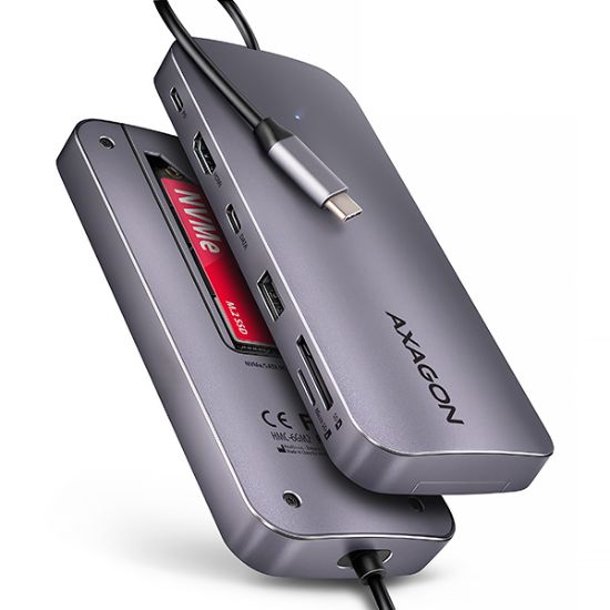 Obrázek AXAGON HMC- 6GM2, USB 10Gbps hub, USB- A, USB- C, HDMI, M.2 slot, SD/ MicroSD, PD 100W, kabel USB- C 20cm