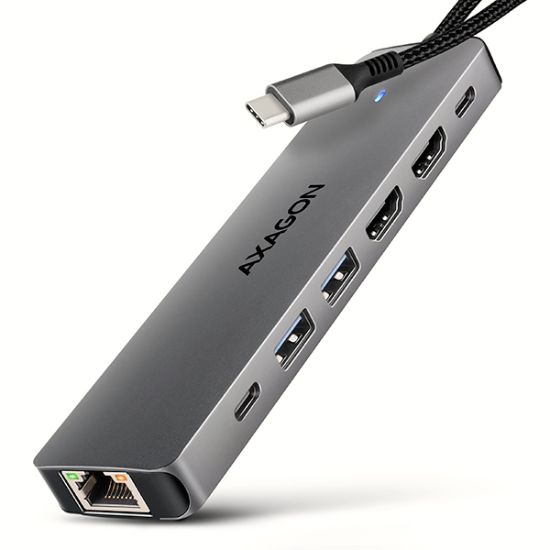 Obrázek AXAGON HMC-7HX2, USB 5Gbps hub, 2x USB-A, USB-C, 2x HDMI 4k/60Hz, RJ-45 GLAN, PD 100W, kabel USB-C 15cm