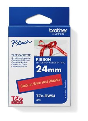 Obrázek BROTHER TZE-RW54 - kazeta TZ šířky 24mm, TEXTILNÍ páska 4m- pro tvorbu dárků - NELEPÍCÍ -ČERVENÁ PÁSKA ZLATÝ POTISK gold