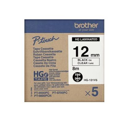 Obrázek BROTHER HGE-131V5 Labelling Supplies, 12mm Black/Clear (5 pcs Pack) High Grade Tape