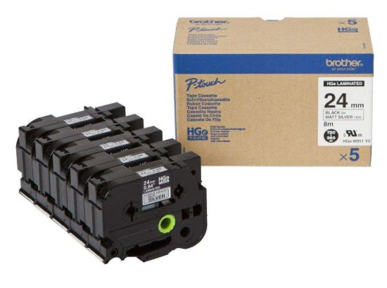 Obrázek BROTHER HGE-M951V5 Labelling Supplies, 24mm Black/Matt Silver (5 pcs Pack)  High Grade Tape