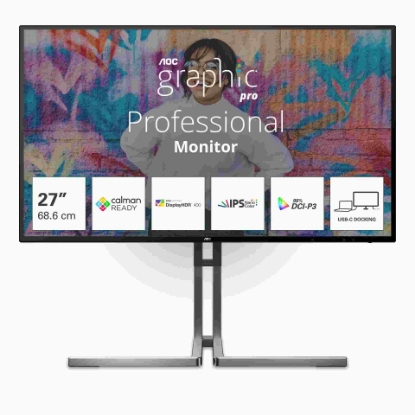Obrázek AOC MT IPS LCD WLED 27" U27U3CV - IPS nano color, 3840x2160, HDMI, DP, USB-C, USB 3.2, RJ45, pivot, repro