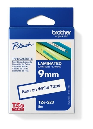 Obrázek BROTHER TZE223 - kazeta TZ šířky 9mm, laminovaná TZE-223, bílá/modré písmo