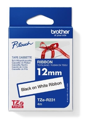 Obrázek BROTHER TZE-R231 - kazeta TZ šířky 12mm, TEXTILNÍ páska 4m- pro tvorbu dárků - NELEPÍCÍ - BÍLÁ PÁSKA, ČERNÝ POTISK