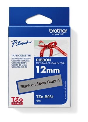 Obrázek BROTHER TZE-R931 - kazeta TZ šířky 12mm, TEXTILNÍ páska 4m- pro tvorbu dárků - NELEPÍCÍ - STŘÍBRNÁ PÁSKA, ČERNÝ POTISK
