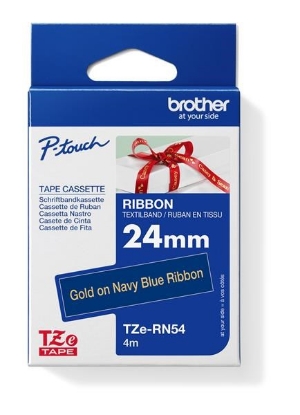 Obrázek BROTHER TZE-RN54 - kazeta TZ šířky 24mm, TEXTILNÍ páska 4m- pro tvorbu dárků - NELEPÍCÍ - MODRÁ PÁSKA, ZLATÝ POTISK gold