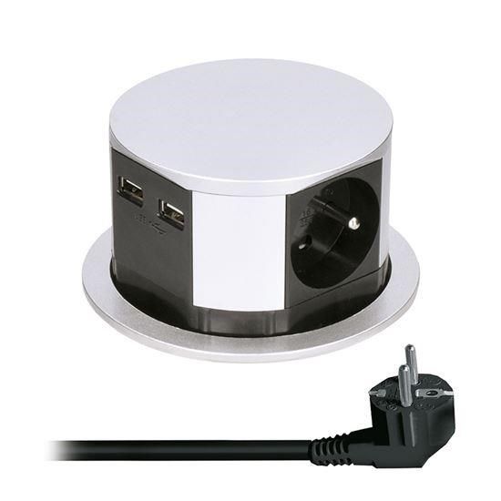 Obrázek Solight výsuvný blok zásuvek, 3 zásuvky, 2x USB, kruhový tvar nízký, prodlužovací přívod 1,5m, 3 x 1mm2, stříbrný