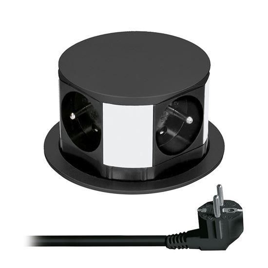 Obrázek Solight prodlužovací přívod, 4 zásuvky, černý, 1,5m, výsuvný blok zásuvek, kruhový tvar