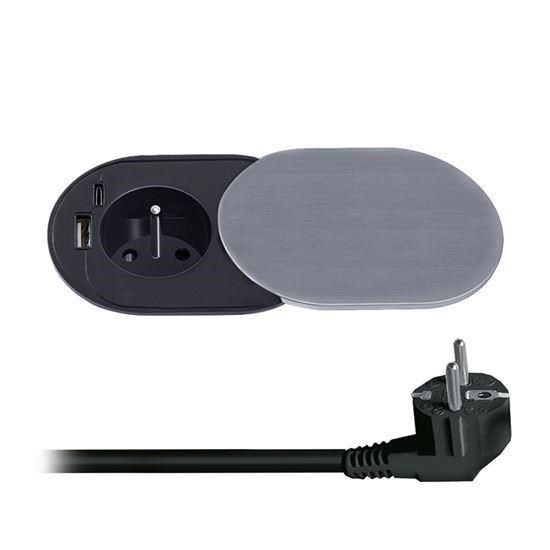 Obrázek Solight 1z + USB A+C 20W PD vestavná zásuvka s posuvným víčkem, 2m, stříbrná