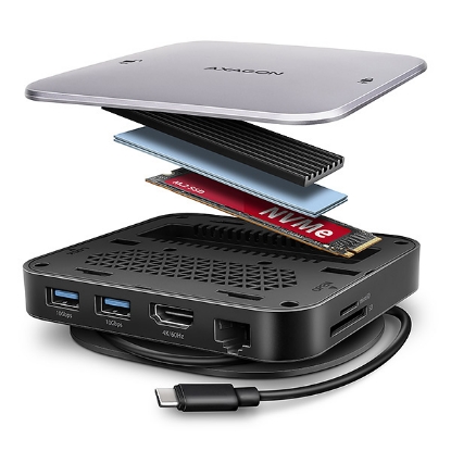 Obrázek AXAGON HMC-UFO, USB 10Gbps hub, 2x USB-A, USB-C, HDMI 4k/60, RJ-45, M.2 slot, SD/mSD, audio, PD 100W, kabel USB-C 65cm