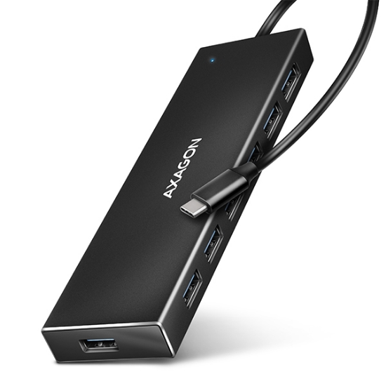 Obrázek AXAGON HUE-F7C, 7x USB 3.2 Gen 1 ALU FLAT CHARGING hub, micro USB napájecí konektor, kabel USB-C 30cm