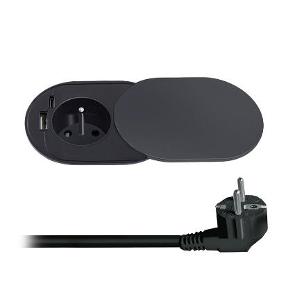 Obrázek Solight 1z + USB A+C 20W PD vestavná zásuvka s posuvným víčkem, 2m, matná černá