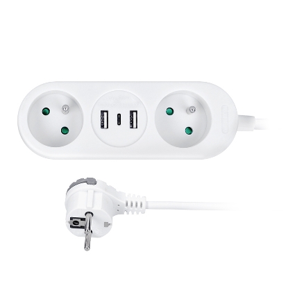 Obrázek Solight 2z + USB A+C 17W, cestovní prodlužovací přívod 1.5m, bílý