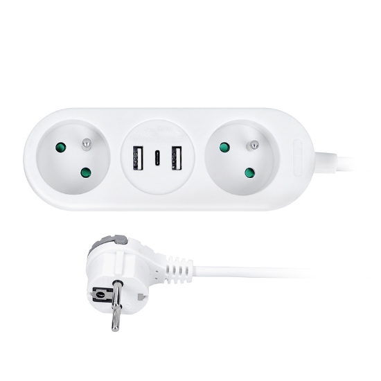 Obrázek Solight 2z + USB A+C 17W, cestovní prodlužovací přívod 1.5m, bílý