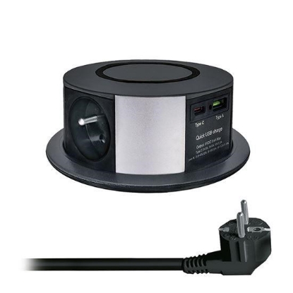 Obrázek Solight 3z + USB A+C 20W PD, Wireless 10W, výsuvný blok zásuvek, 2m, černý