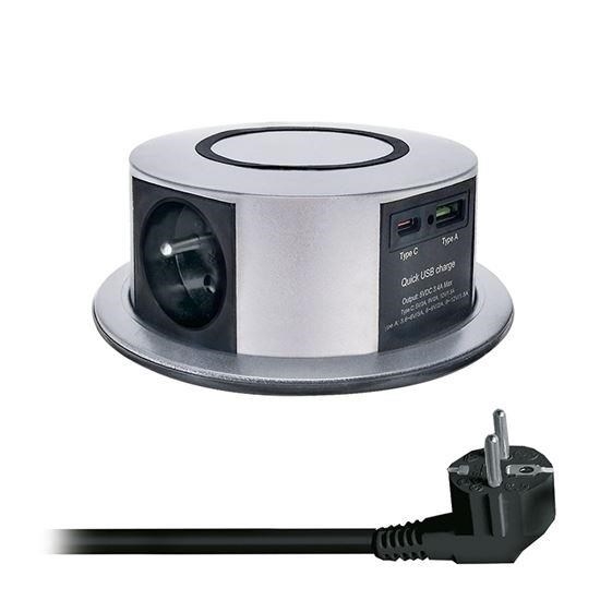 Obrázek Solight 3z + USB A+C 20W PD, Wireless 10W, výsuvný blok zásuvek, 2m, stříbrný