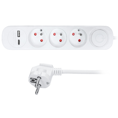 Obrázek Solight 3z prodlužovací přívod s USB A+C nabíječkou 2.4A, 2m, 3 x 1mm2, bílý, vypínač