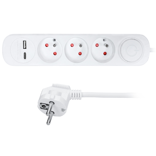 Obrázek Solight 3z prodlužovací přívod s USB A+C nabíječkou 2.4A, 2m, 3 x 1mm2, bílý, vypínač