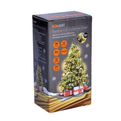 Obrázek Solight LED venkovní vánoční řetěz, 50LED, 5m, 3m přívod, 8 funkcí, IP44, 3x AA, teplá bílá