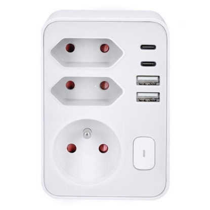 Obrázek Solight rozbočka, 1x 16A + 2x 2,5A, 2xUSB A+C, bílá, vypínač