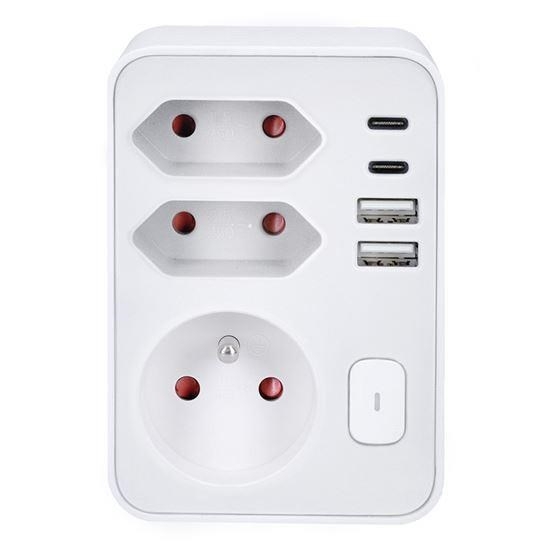 Obrázek Solight rozbočka, 1x 16A + 2x 2,5A, 2xUSB A+C, bílá, vypínač
