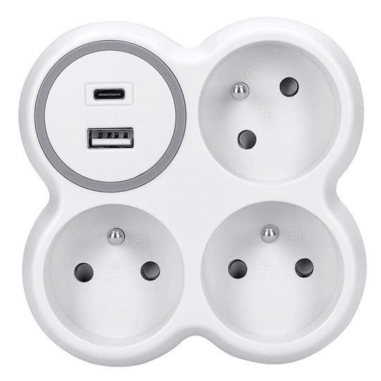 Obrázek Solight rozbočka, 3x 15A, USB nabíječka A+C, bílá-šedá