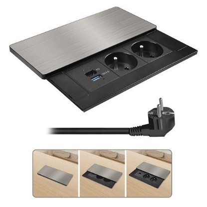 Obrázek Solight vestavný blok zásuvek s posuvným krytem, 2 zásuvky, USB A+C 65W PD, 2m, stříbrný