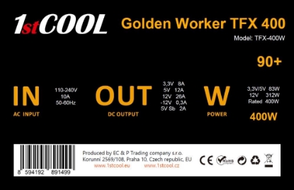 Obrázek 1stCOOL Zdroj Golden Worker TFX 400 88+, 400W, TFX, černá