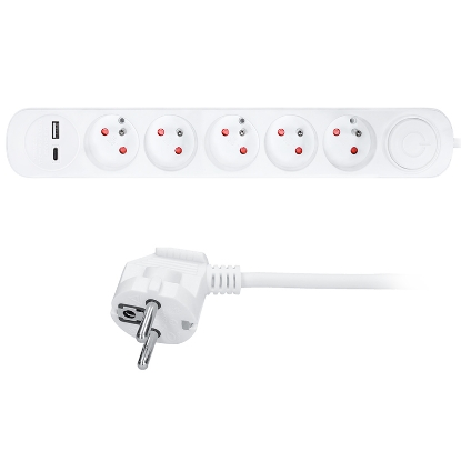 Obrázek Solight prodlužovací přívod 5 zásuvek, USB A+C nabíječka 12W, 3m, 3 x 1mm2, bílý, vypínač