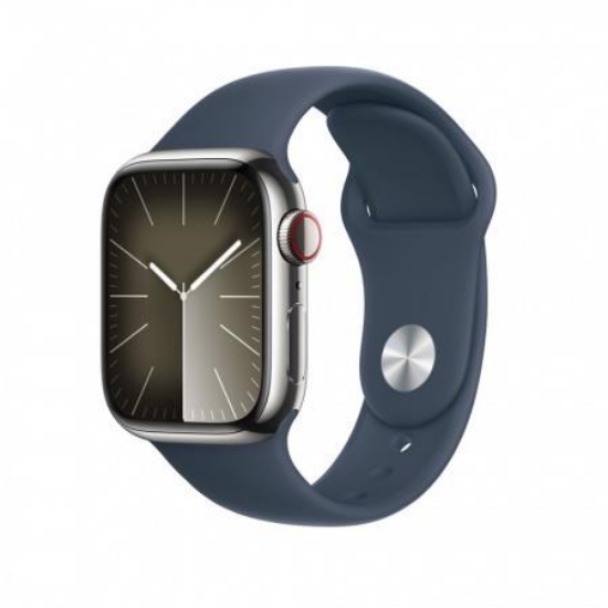 Obrázek APPLE Watch Series 9 GPS + Cellular 45mm Silver Stainless Steel Case with Storm Blue Sport Band - S/M