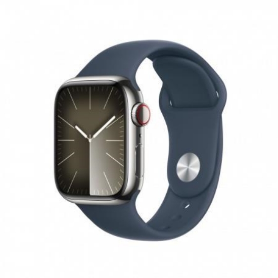 Obrázek APPLE Watch Series 9 GPS + Cellular 41mm Silver Stainless Steel Case with Storm Blue Sport Band - S/M