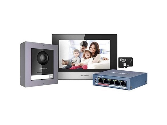 Obrázek HIKVISION DS-KIS602 kit IP videotelefonu, bytový monitor + dveřní stanice + switch + microSD