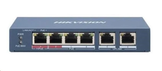 Obrázek Hikvision DS-3E1106HP-EI, Smart switch 1x 100TX HI-PoE + 3x 100TX PoE; 2x 100TX uplink, 60W, Super PoE