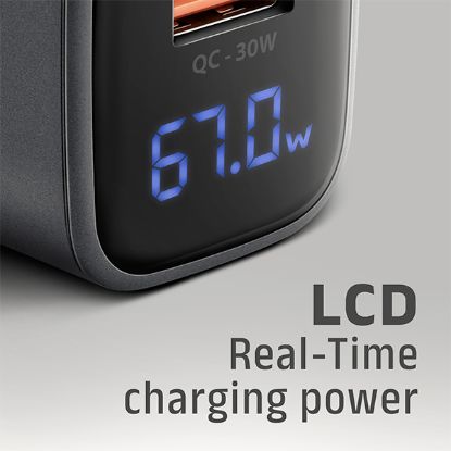 Obrázek AXAGON ACU-PQ67D GaN nabíječka do sítě 67W, USB-A + USB-C, PD3.0/PPS/QC4+/SFC2.0/Apple, LCD display