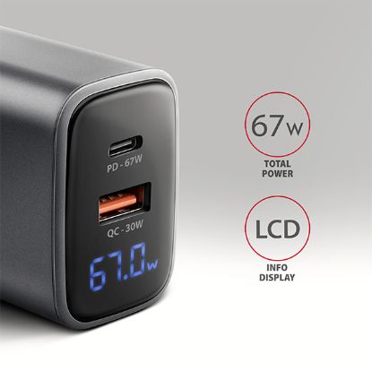 Obrázek AXAGON ACU-PQ67D GaN nabíječka do sítě 67W, USB-A + USB-C, PD3.0/PPS/QC4+/SFC2.0/Apple, LCD display