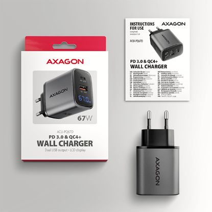 Obrázek AXAGON ACU-PQ67D GaN nabíječka do sítě 67W, USB-A + USB-C, PD3.0/PPS/QC4+/SFC2.0/Apple, LCD display