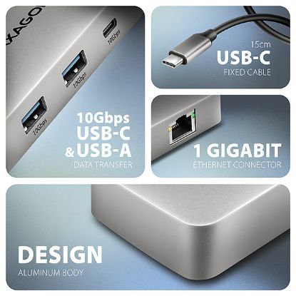 Obrázek AXAGON HMC- CUB83 x 2, USB 10Gbps hub, 2x USB- A, USB- C, HDMI & DP 4k/ 144 Hz, RJ- 45 GLAN, PD 100 W, kabel USB- C 15cm