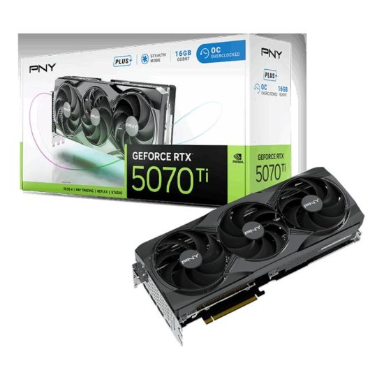 Obrázek PNY VGA Nvidia GeForce RTX 5070 Ti 16 GB Triple Fan Plus OC, RTX 5070 Ti OC, 16 GB GDDR7, 3xDP, 1xHDMI