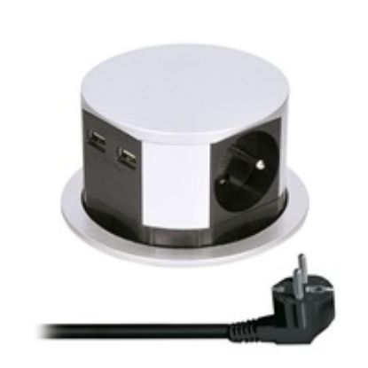 Obrázek Solight výsuvný blok zásuvek, 3 zásuvky, 2x USB, kruhový tvar nízký, prodlužovací přívod 1, 5m, 3 x 1mm2, stříbrný
