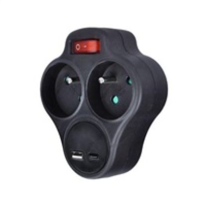 Obrázek Solight rozbočka s USB A+C nabíječkou, 2 x 10A, černá, vypínač